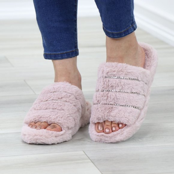 Shoes - Pink Puff Fuzzy Furry Fluffy Slip On Plush Slippers Diamond Accents